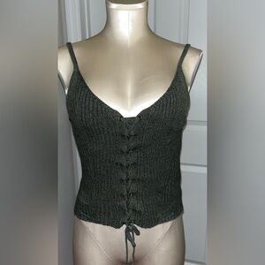 AEO Dark Green Lace-Up ribbed knit top
